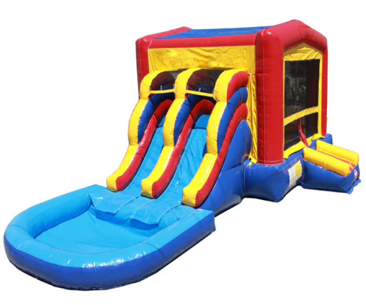 Wet Two Lane Slides and Bounce House Combo with Pool